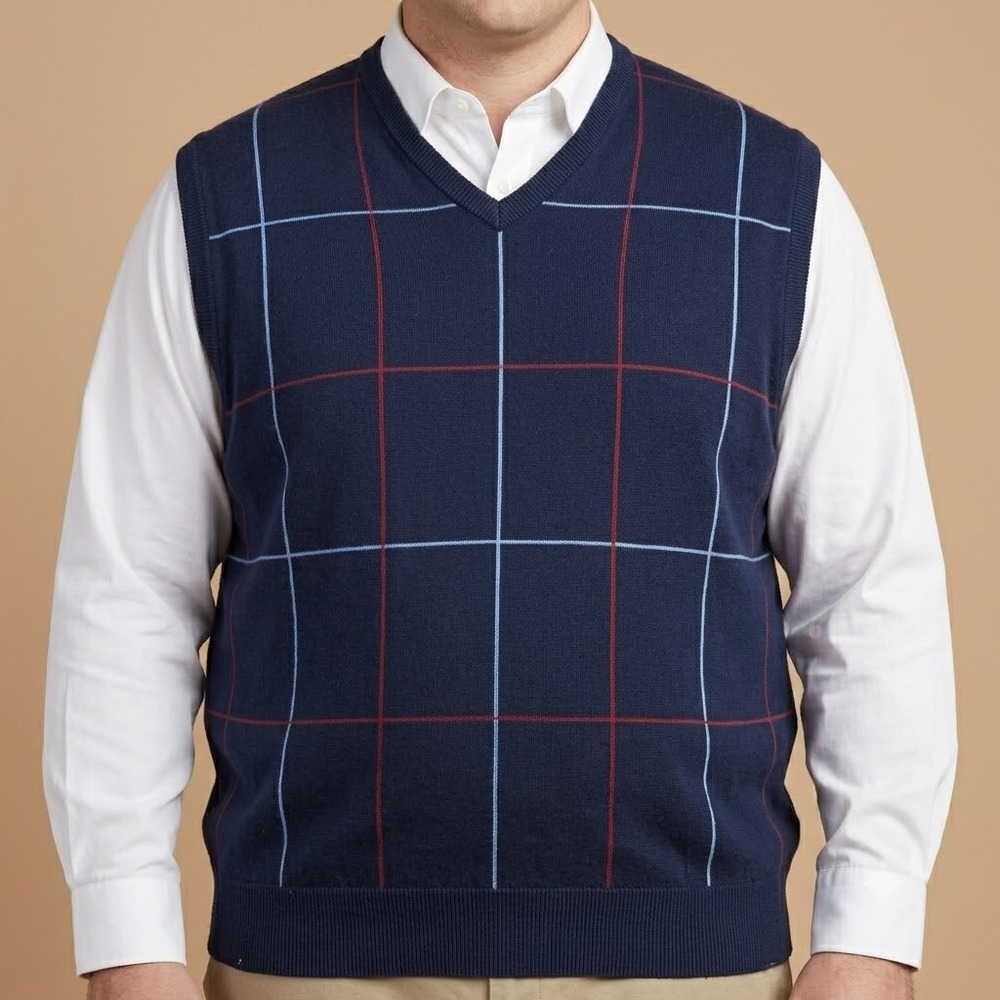Lyle & Scott Sweater Vest Mens XL Blue Plaid V-Neck Cotton Scotland
